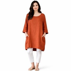 SAGA Linen Dress One Size Rust Brown Oversized Loose Minimalist Made In Italy